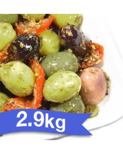 BELLORTO - OLIVES ISCHITANA 2.9kg "Whole Green and Kalamata Marinated Olives mixed with Peppers"