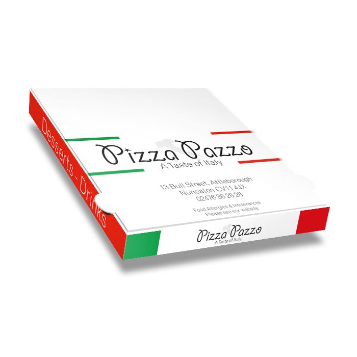 PIZZA PAZZO - Pizza Box White Paper - 3col - 32x32x4 - 12.5x12.5x1.5inch - 100 pz